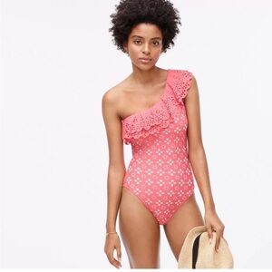 J Crew-Scalloped ruffle one-shoulder one-piece swimsuit laser-cut eyelet size 10